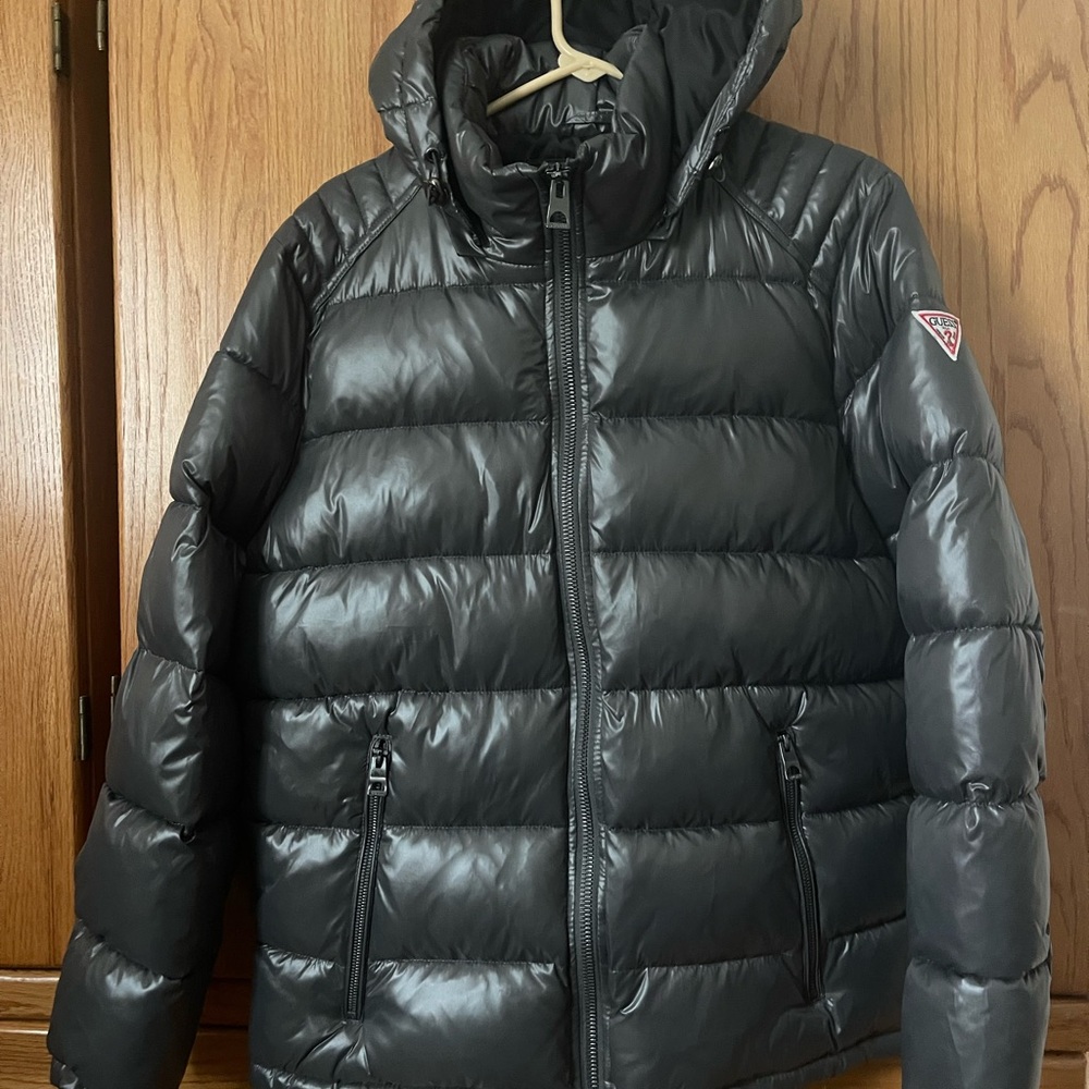NEW- GUESS Puffer Jacket Removable Hood, 119RN716, Men's Size S, Gray, MSRP $225
